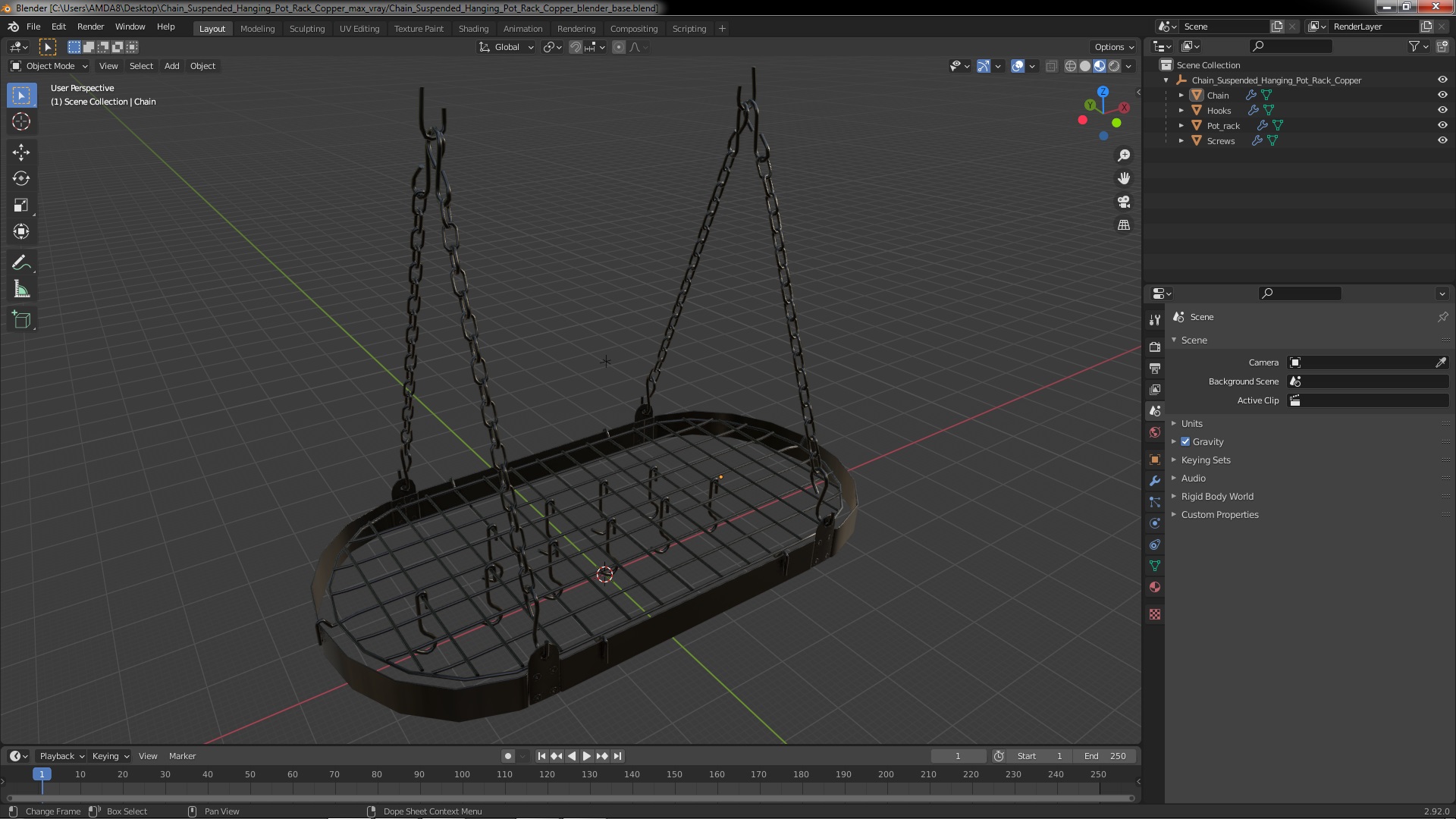 Chain Suspended Hanging Pot Rack Copper 3D model