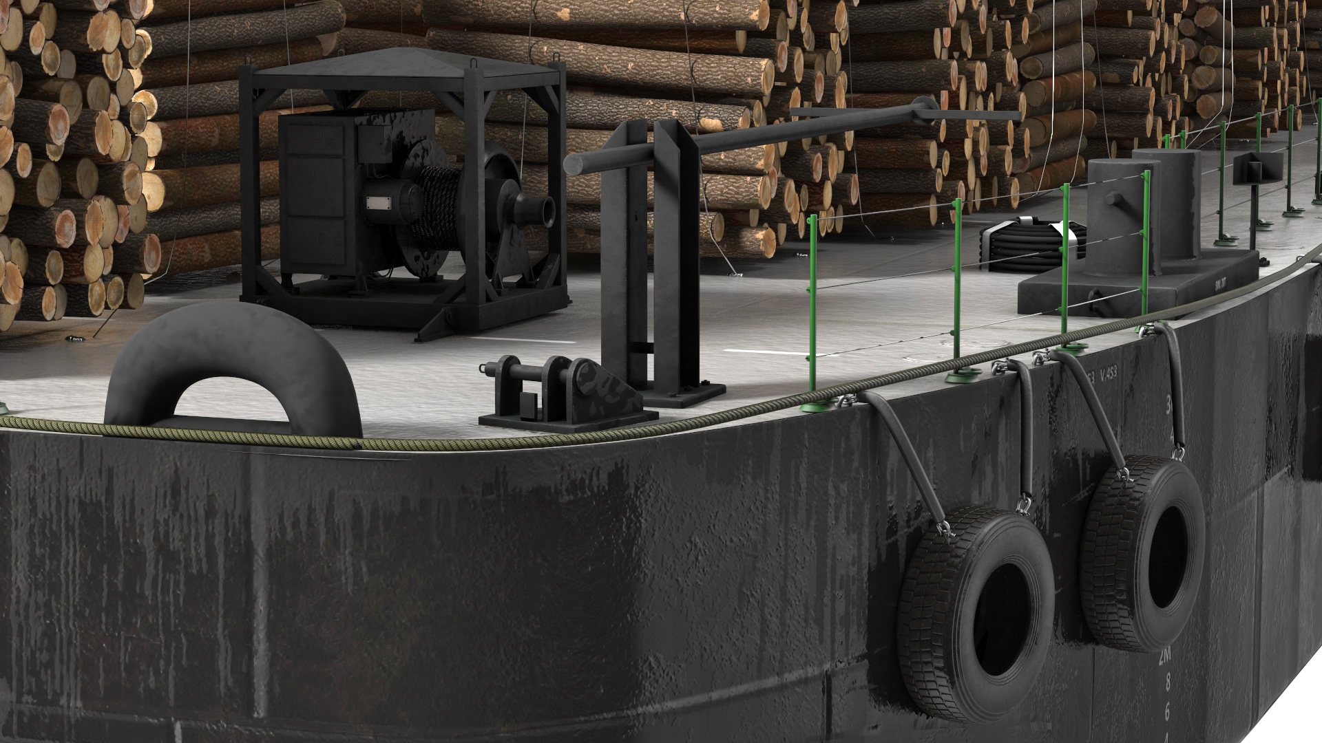 3D model Pontoon Barge Loaded Wood Logs