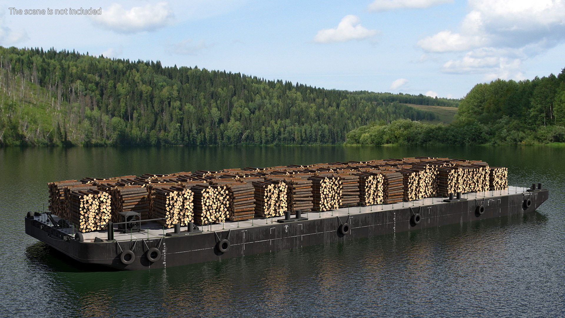 3D model Pontoon Barge Loaded Wood Logs