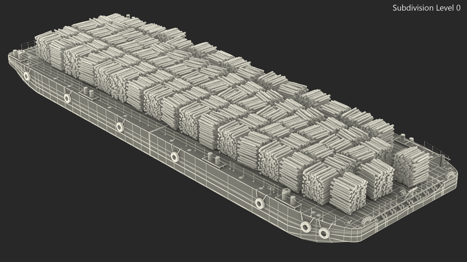 3D model Pontoon Barge Loaded Wood Logs
