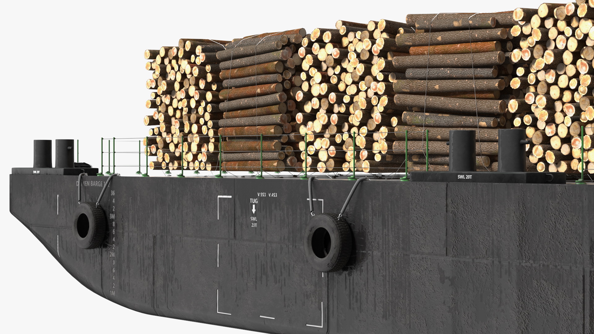 3D model Pontoon Barge Loaded Wood Logs