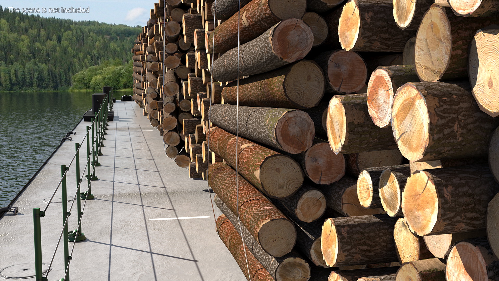 3D model Pontoon Barge Loaded Wood Logs