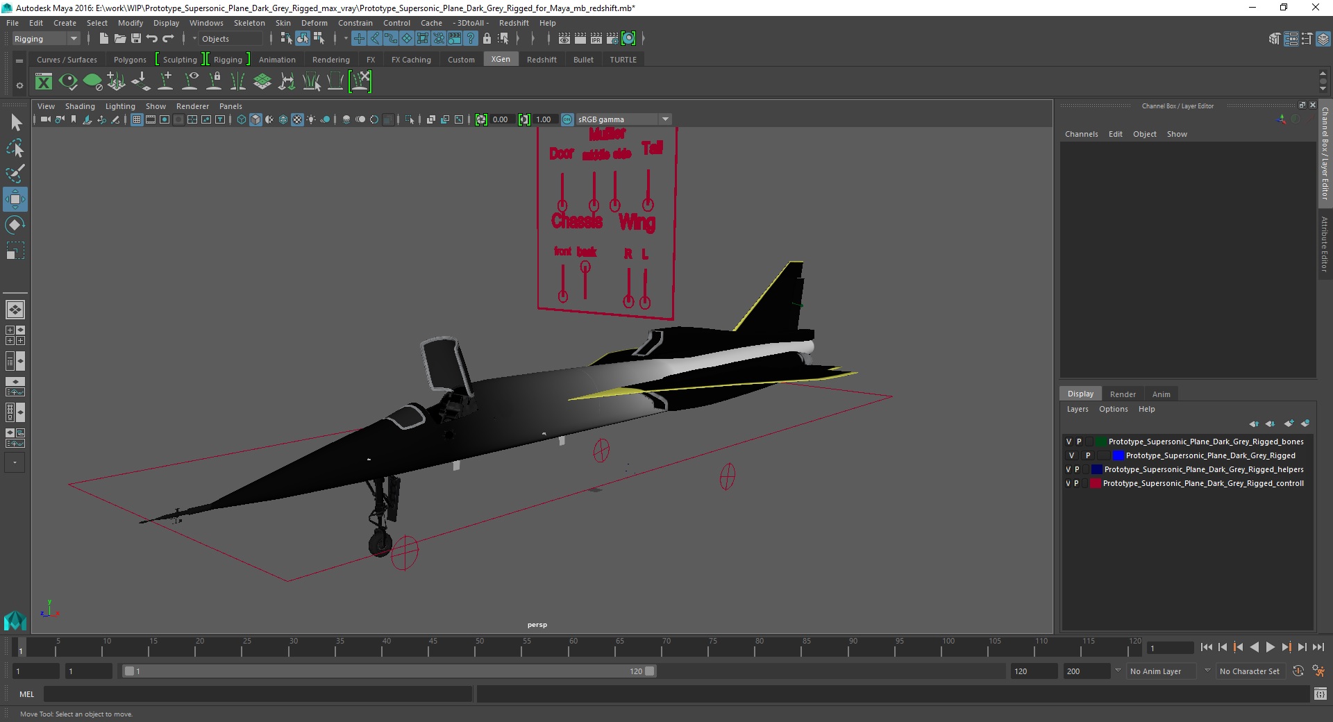 Prototype Supersonic Plane Dark Grey Rigged for Maya 3D