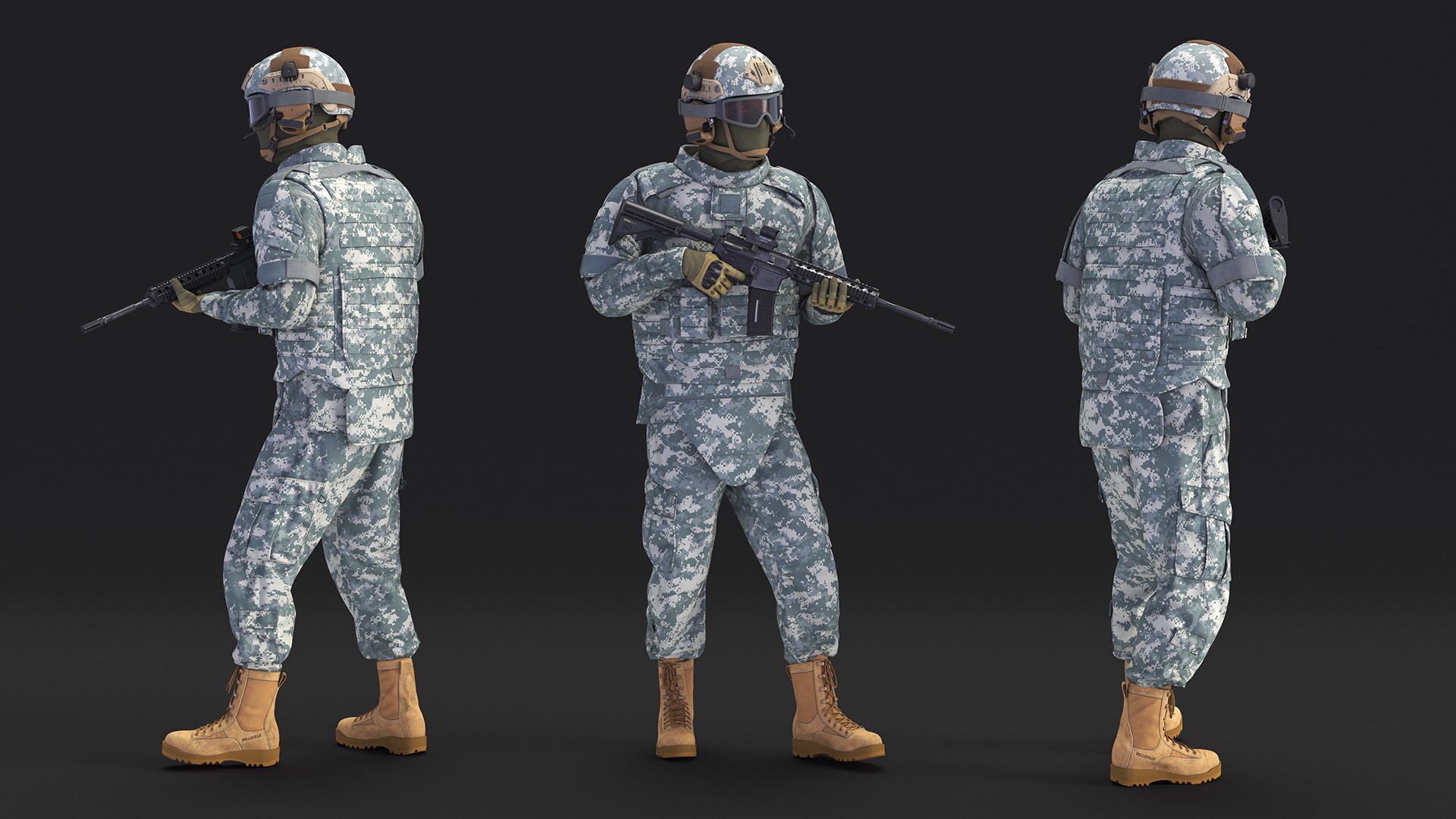 3D model Equipped Military Soldier in Grey Camo Walking Fur