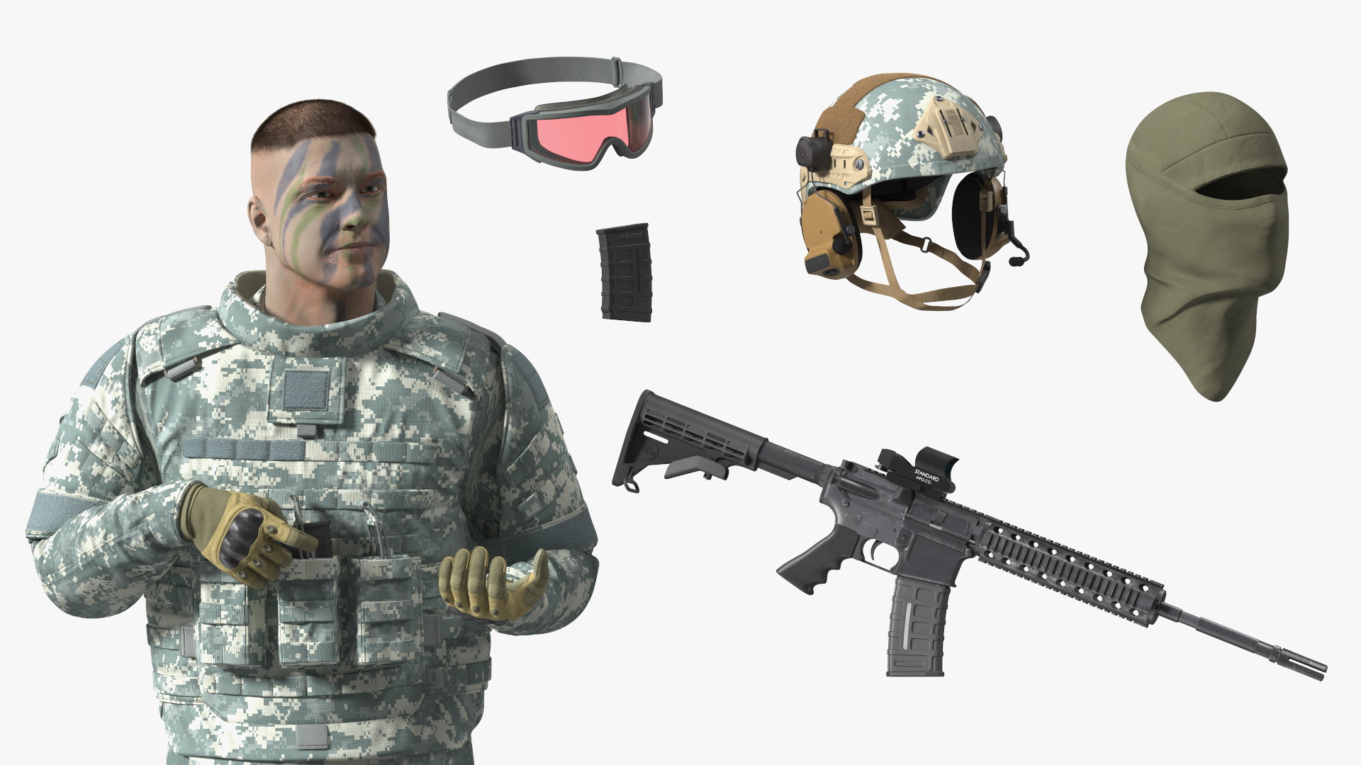 3D model Equipped Military Soldier in Grey Camo Walking Fur