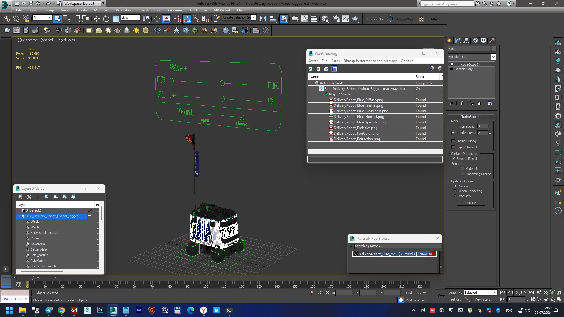 Blue Delivery Robot Kiwibot Rigged 3D model
