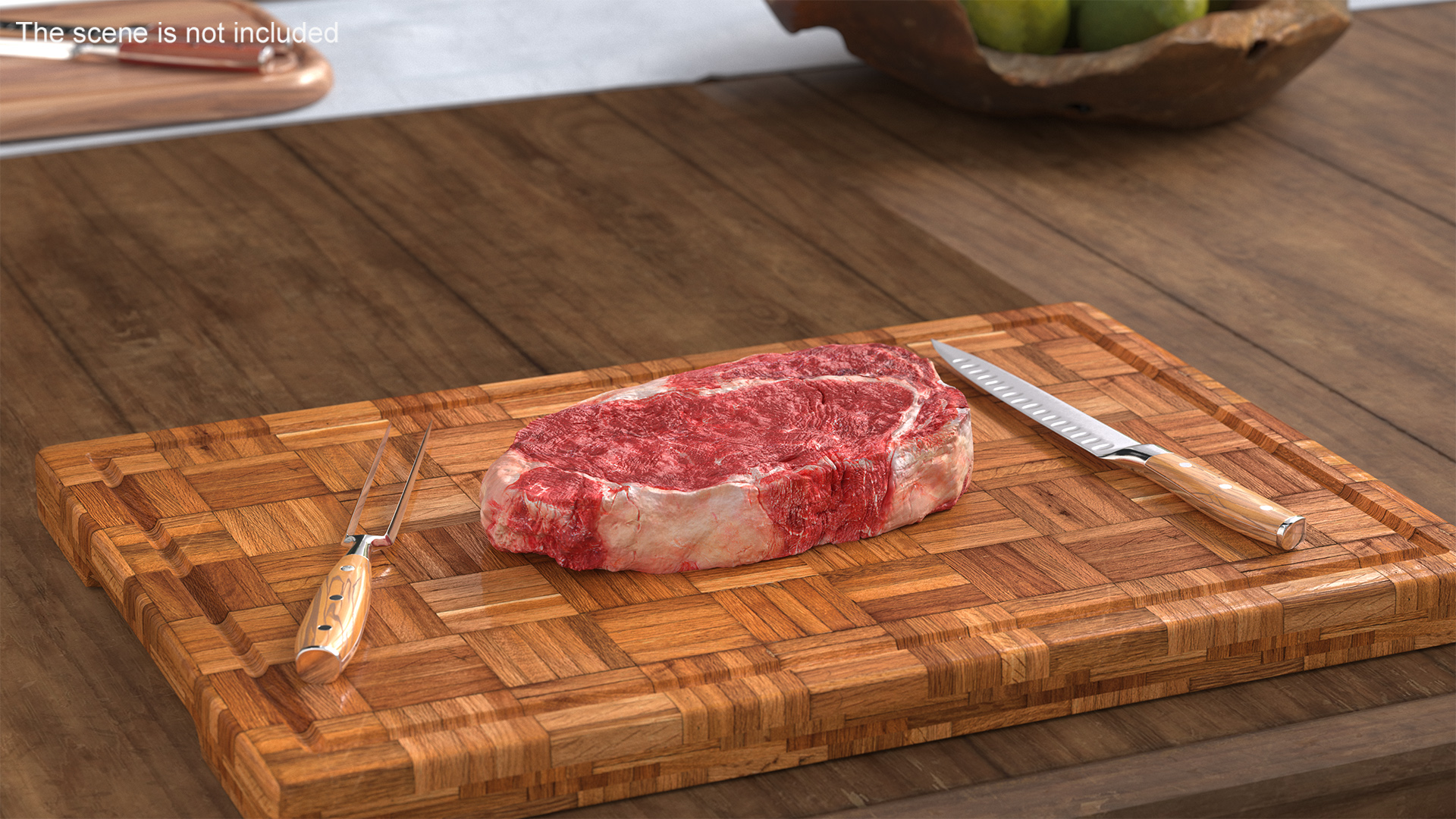 3D Raw Steak on Cutting Board with Knife and Fork