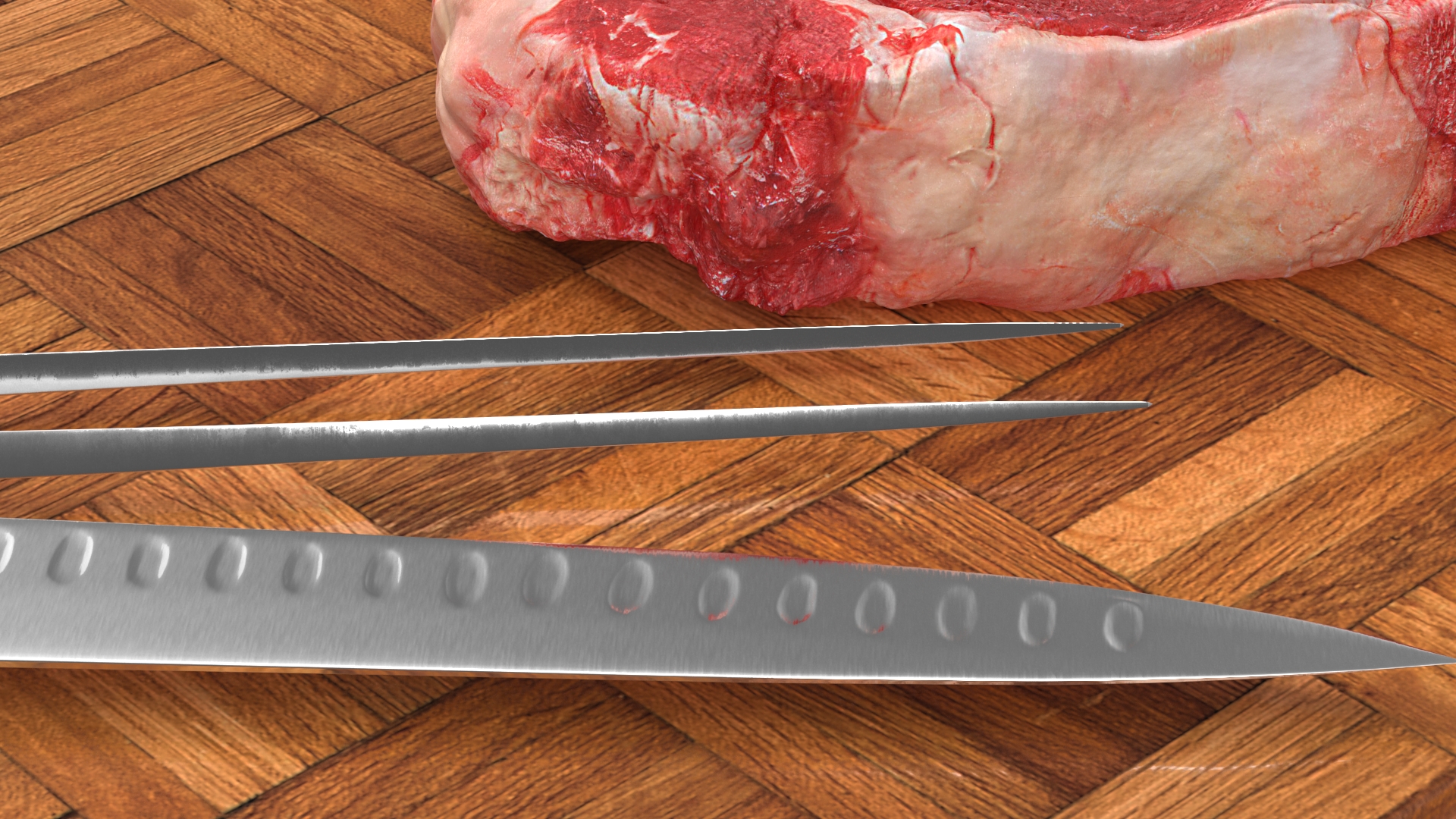 3D Raw Steak on Cutting Board with Knife and Fork