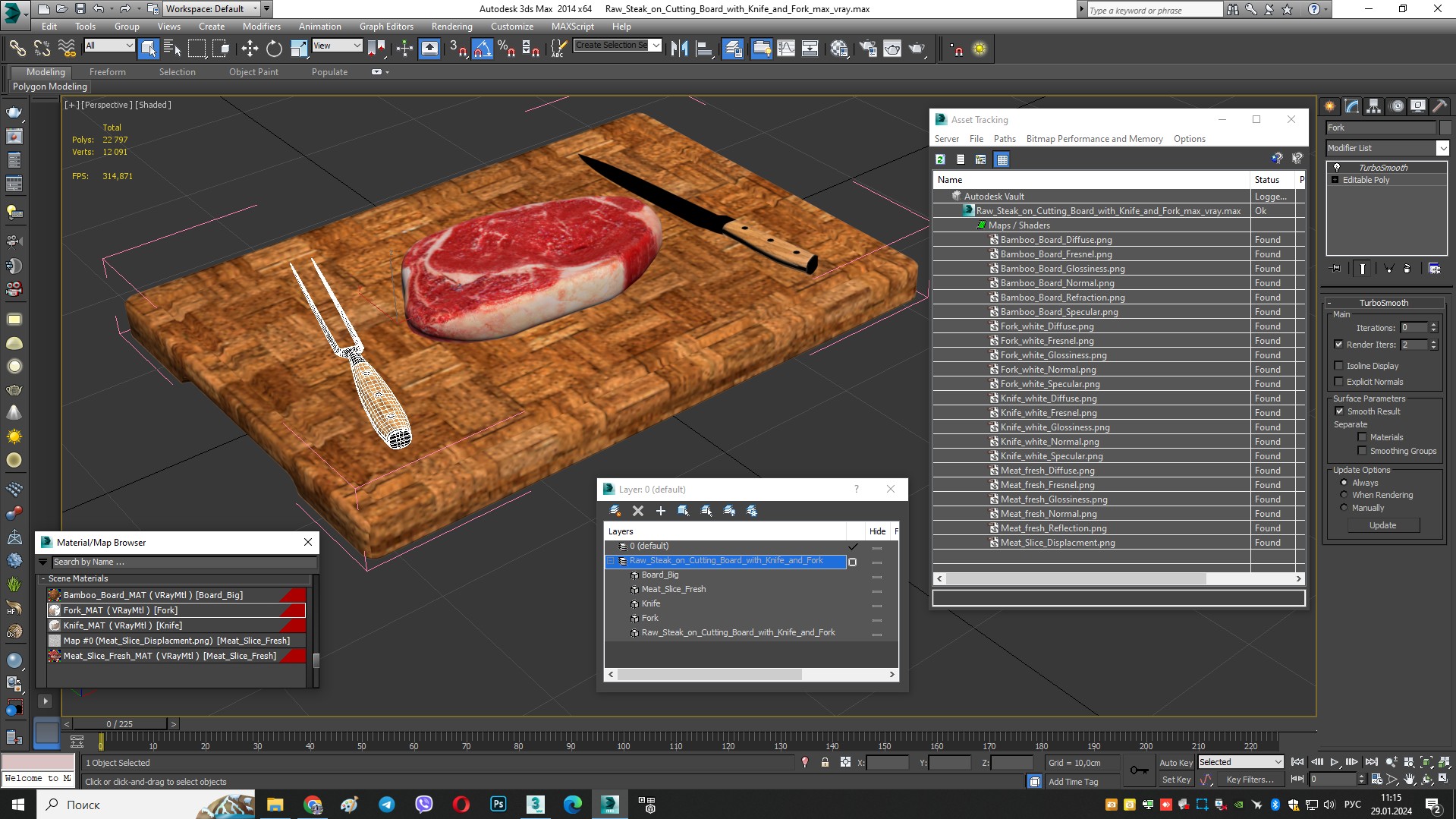 3D Raw Steak on Cutting Board with Knife and Fork