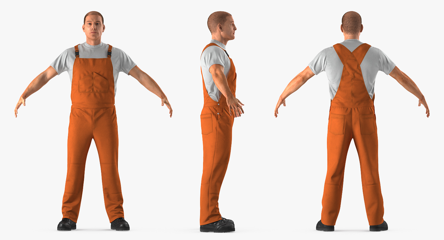 Worker Wearing Orange Overalls Rigged 3D
