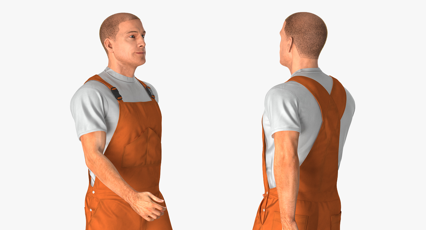 Worker Wearing Orange Overalls Rigged 3D