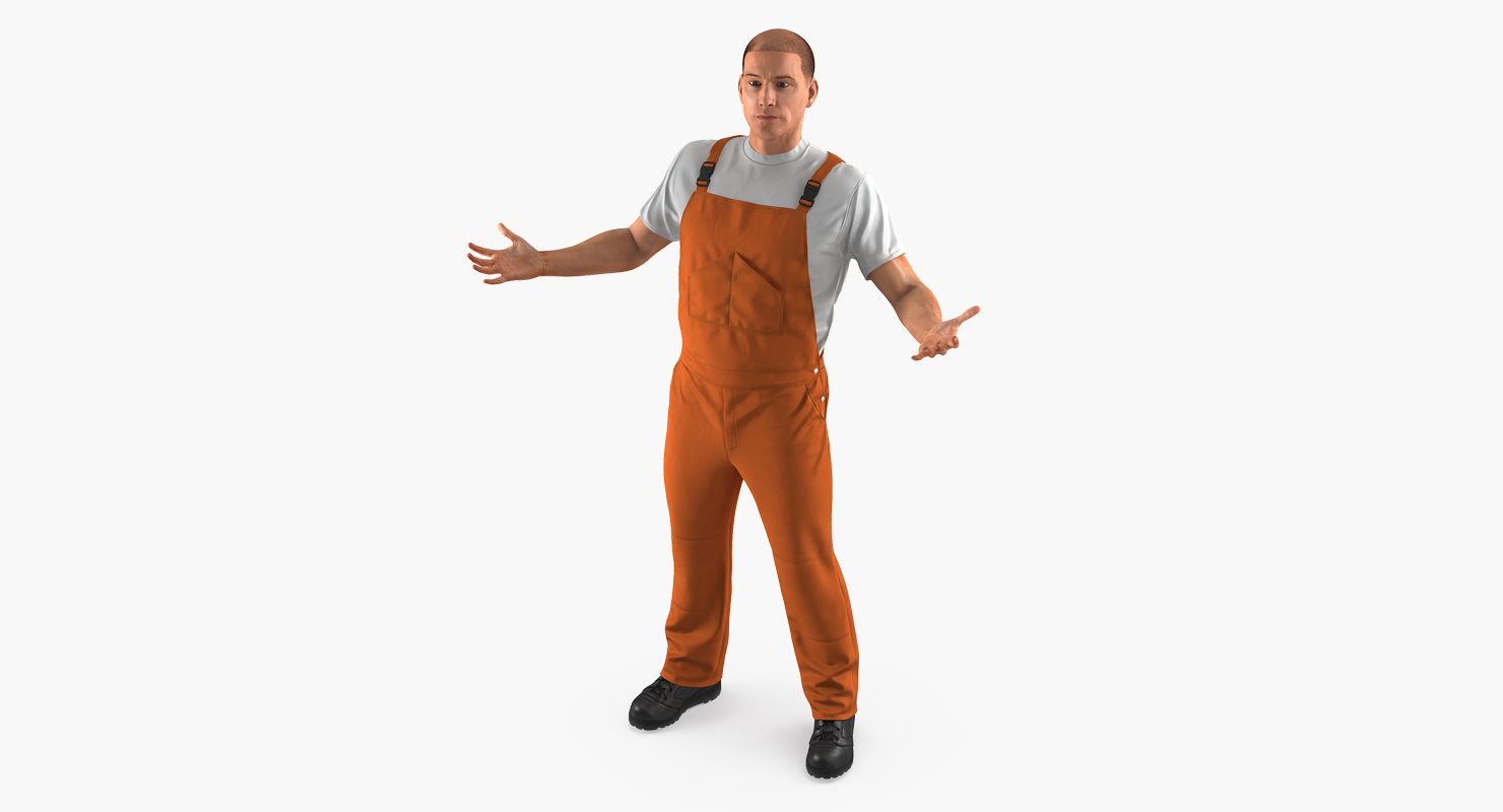 Worker Wearing Orange Overalls Rigged 3D
