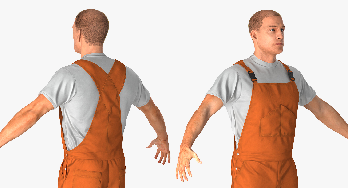 Worker Wearing Orange Overalls Rigged 3D