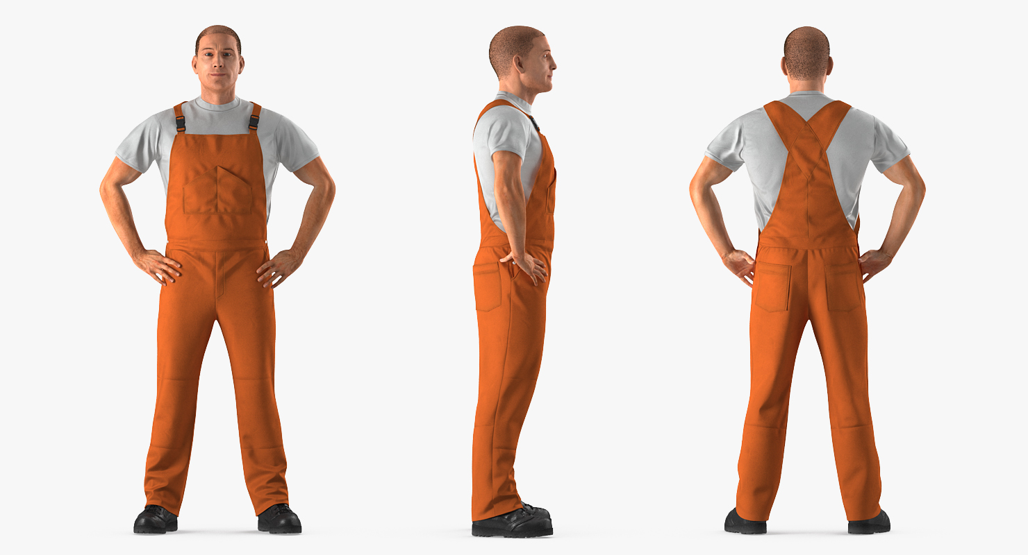 Worker Wearing Orange Overalls Rigged 3D