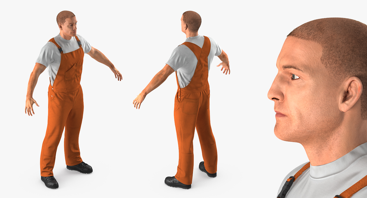 Worker Wearing Orange Overalls Rigged 3D
