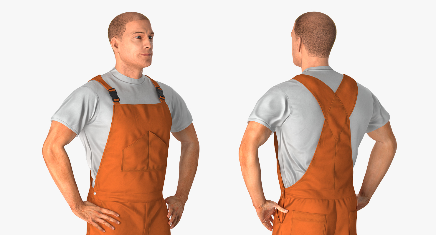 Worker Wearing Orange Overalls Rigged 3D