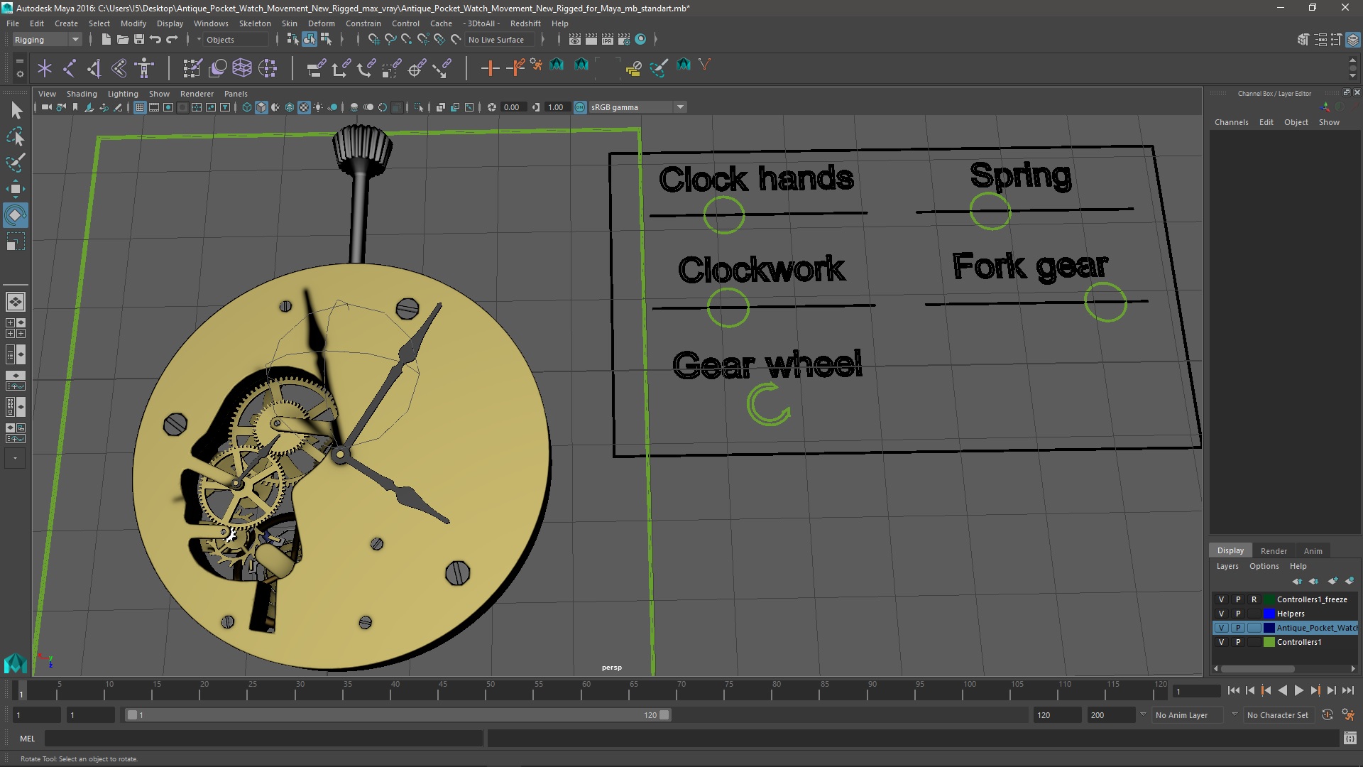 Antique Pocket Watch Movement New Rigged for Maya 3D model