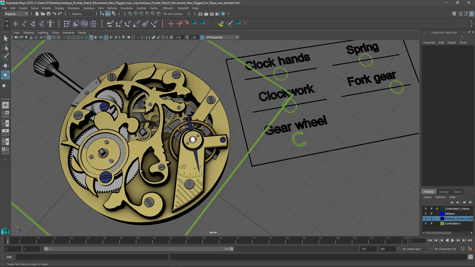 Antique Pocket Watch Movement New Rigged for Maya 3D model
