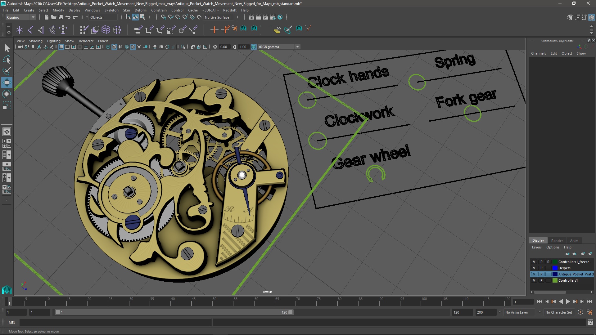 Antique Pocket Watch Movement New Rigged for Maya 3D model