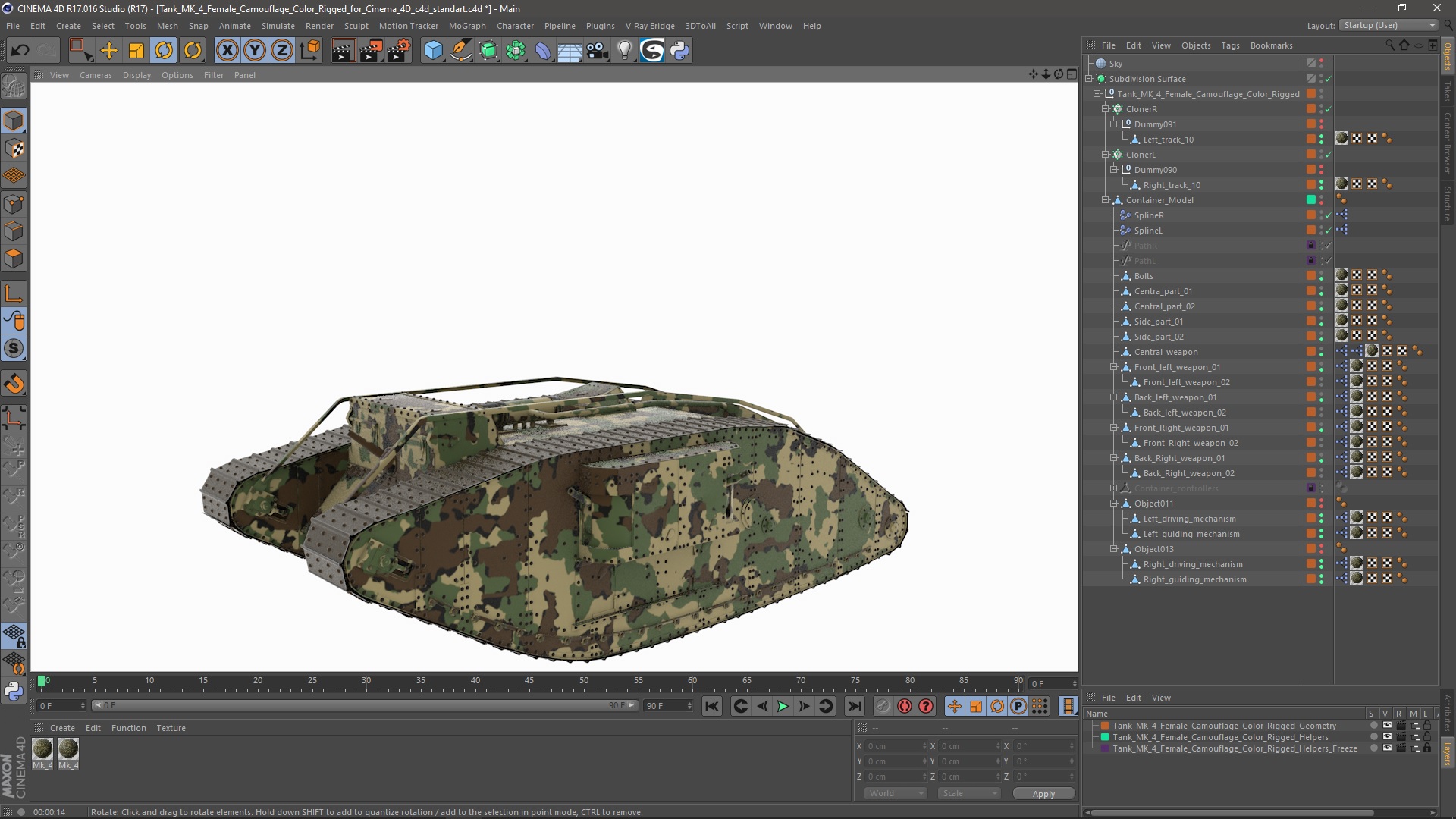 Tank MK 4 Female Camouflage Color Rigged for Cinema 4D 3D model