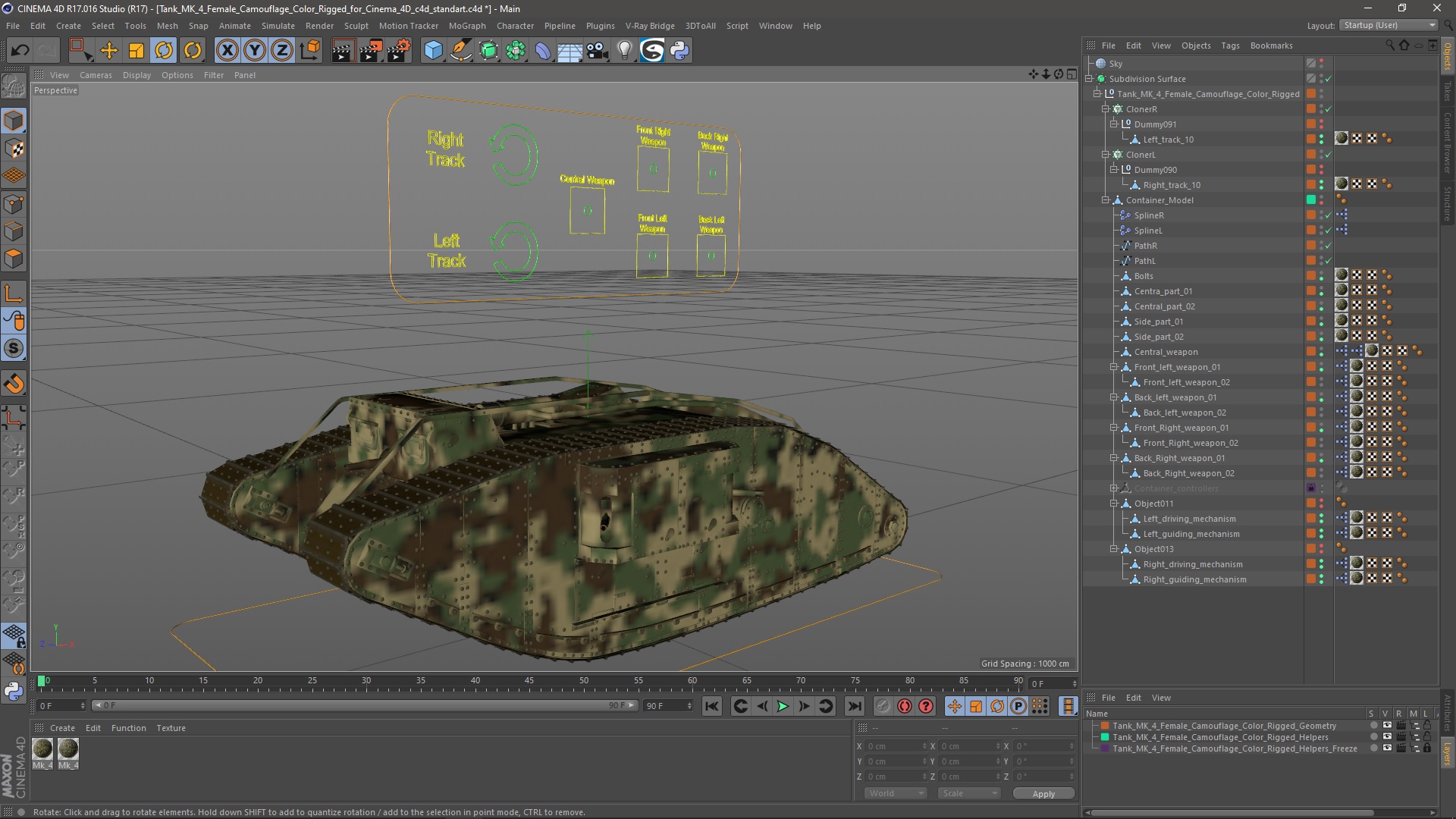 Tank MK 4 Female Camouflage Color Rigged for Cinema 4D 3D model