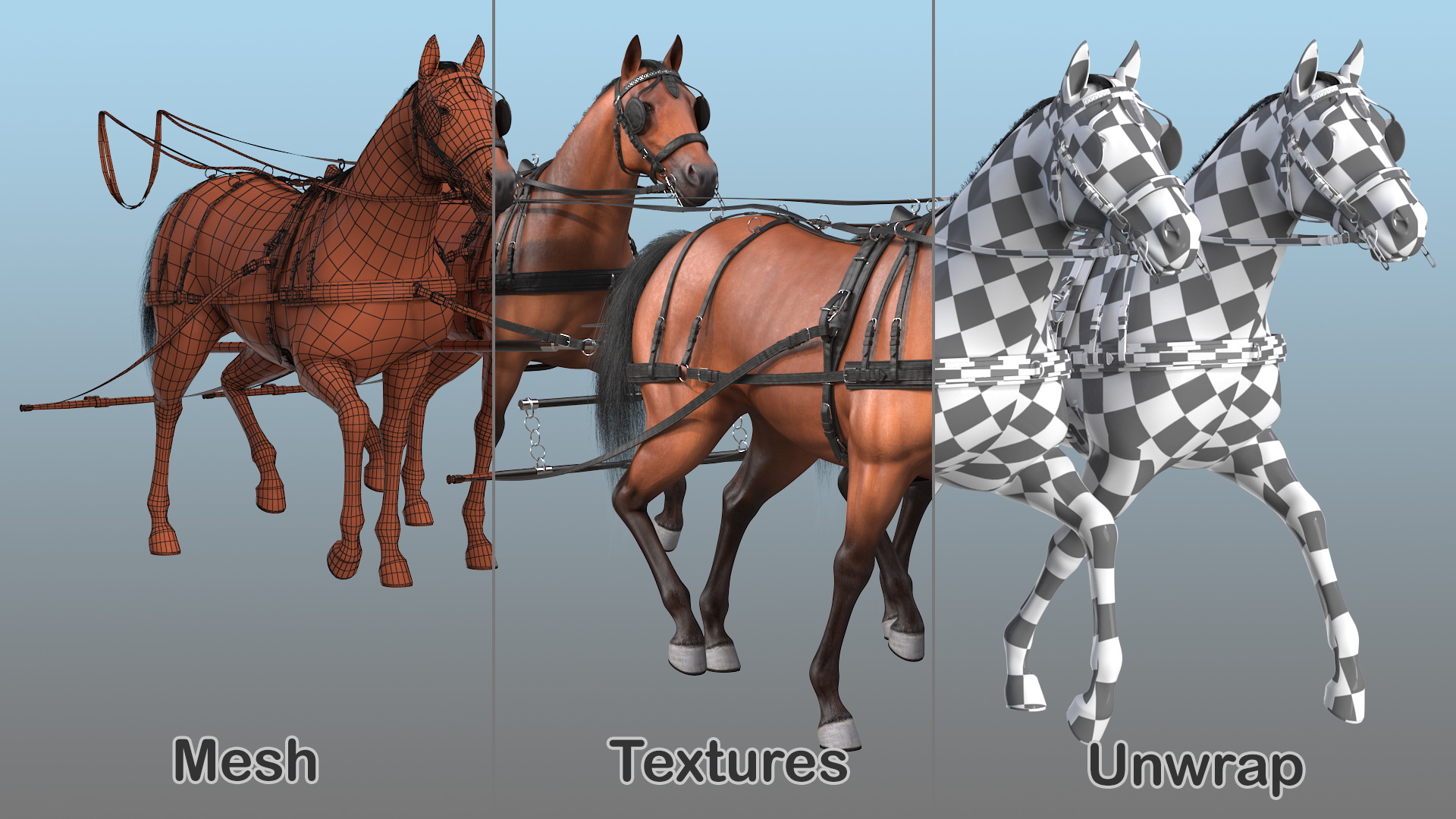 3D Team of Four Breast Collar Harness Walking Pose Fur
