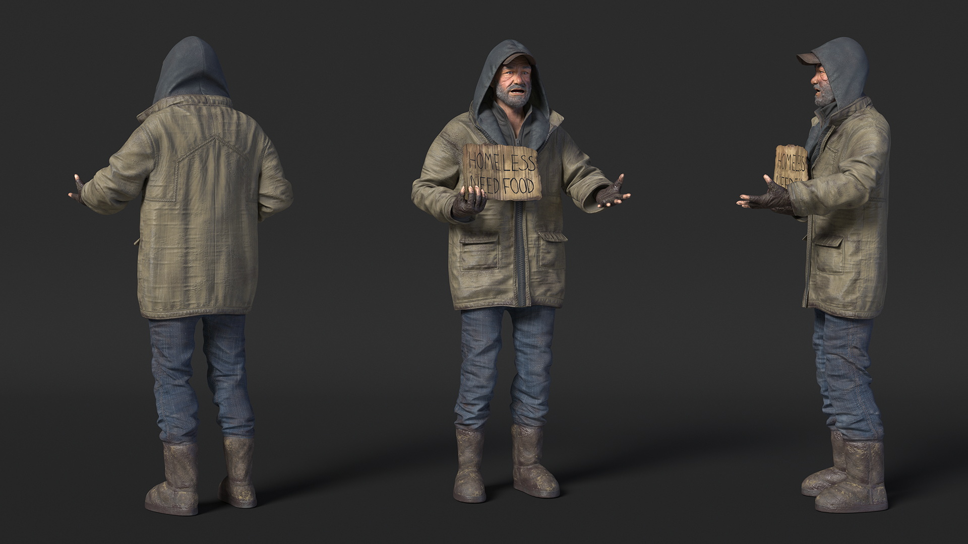 3D model Homeless Man with a Sign Asking for Alms