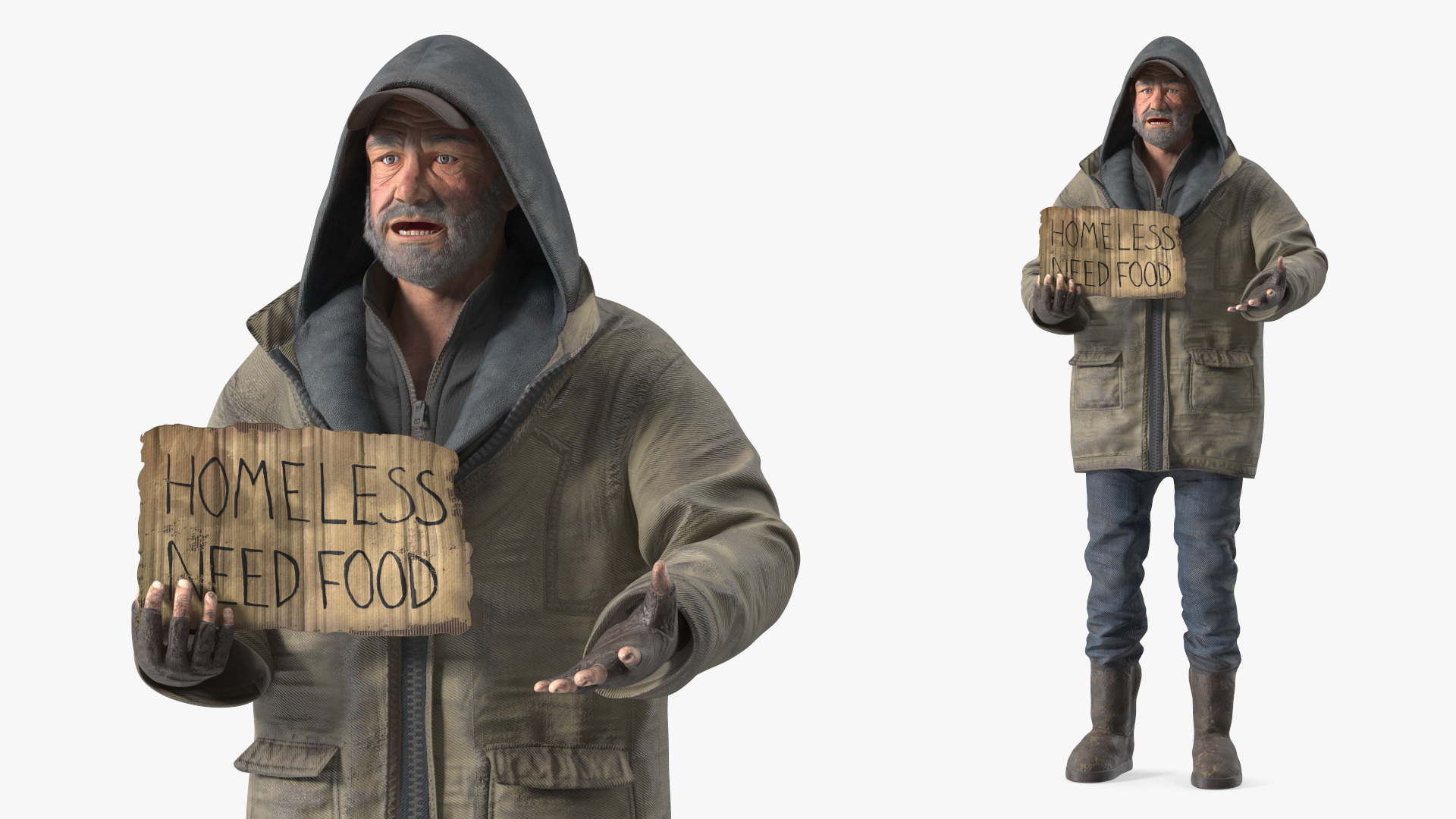 3D model Homeless Man with a Sign Asking for Alms