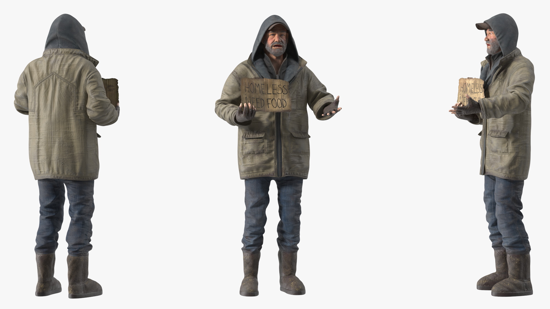 3D model Homeless Man with a Sign Asking for Alms