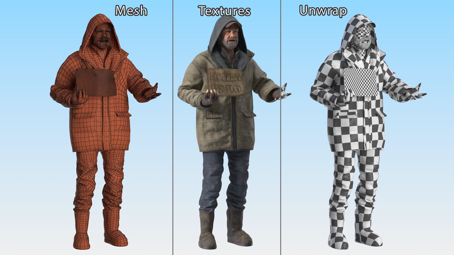 3D model Homeless Man with a Sign Asking for Alms