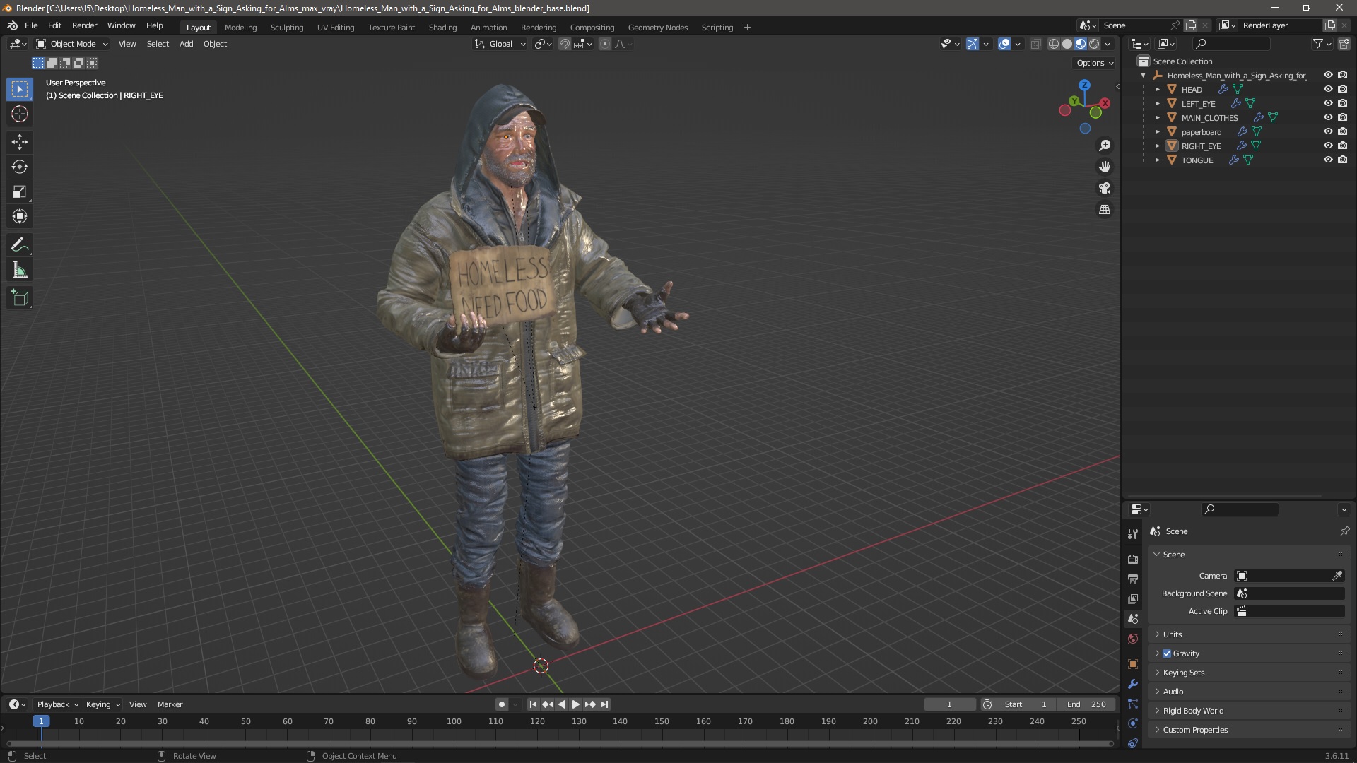 3D model Homeless Man with a Sign Asking for Alms