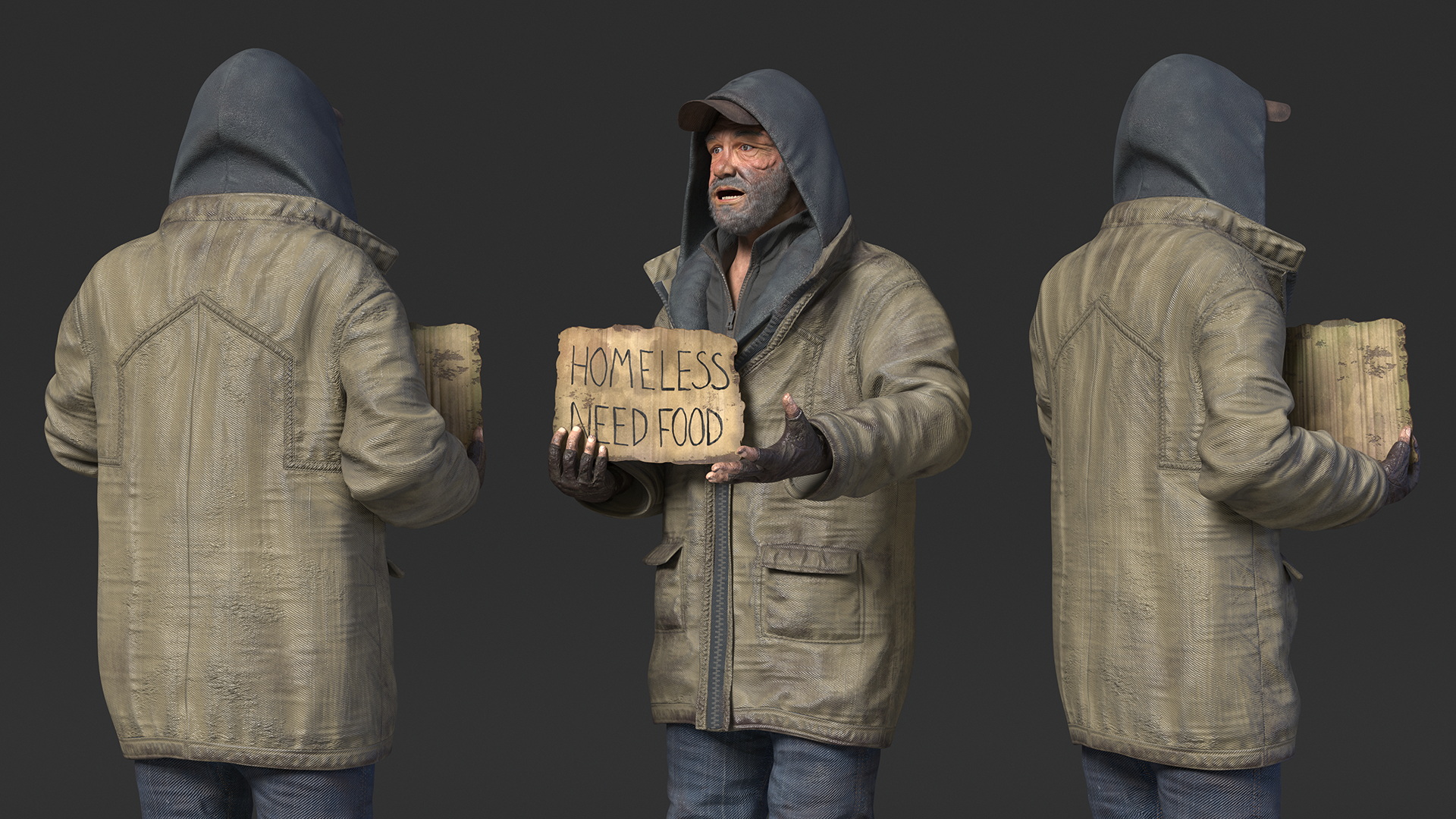 3D model Homeless Man with a Sign Asking for Alms