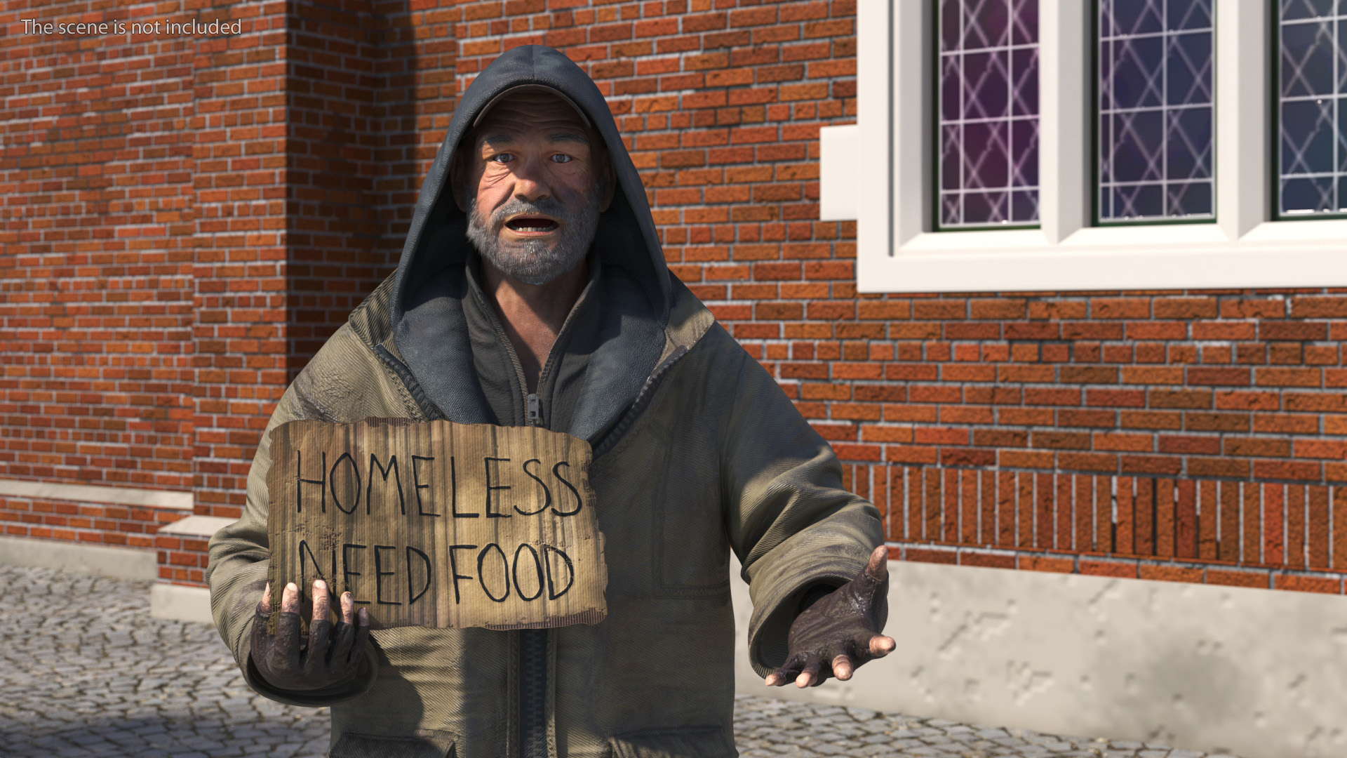 3D model Homeless Man with a Sign Asking for Alms