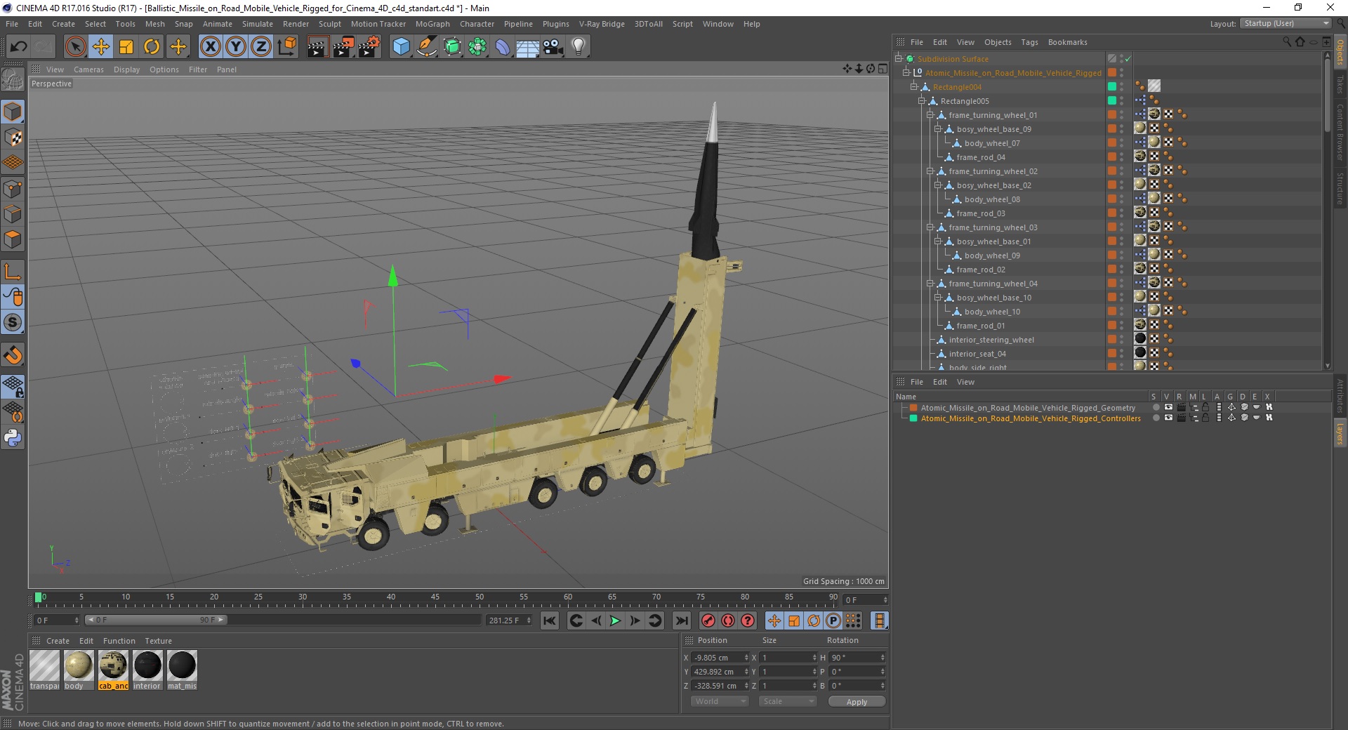 3D Atomic Missile on Road Mobile Vehicle Rigged for Cinema 4D model