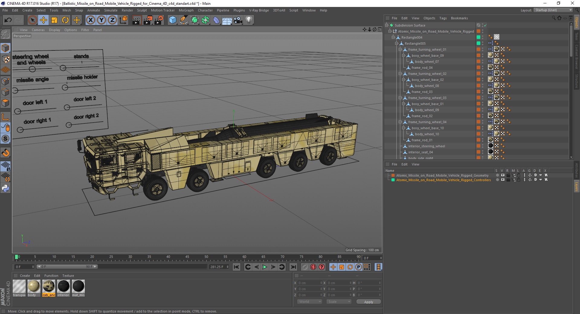 3D Atomic Missile on Road Mobile Vehicle Rigged for Cinema 4D model
