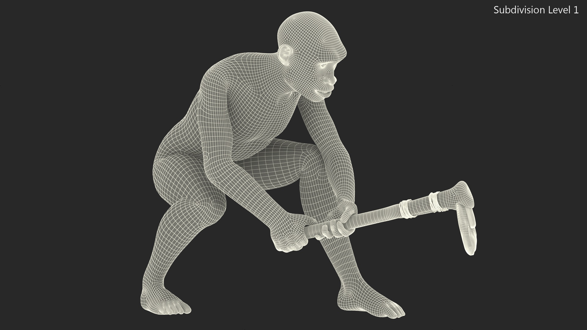 3D model Homo Erectus with a Prehistoric Stone Hoe Fur
