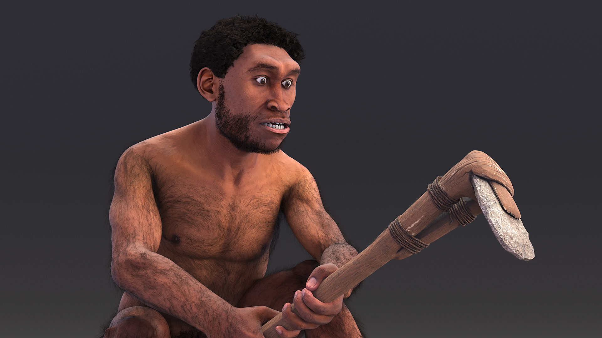 3D model Homo Erectus with a Prehistoric Stone Hoe Fur
