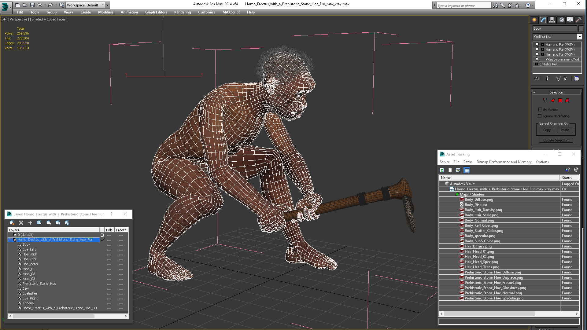 3D model Homo Erectus with a Prehistoric Stone Hoe Fur