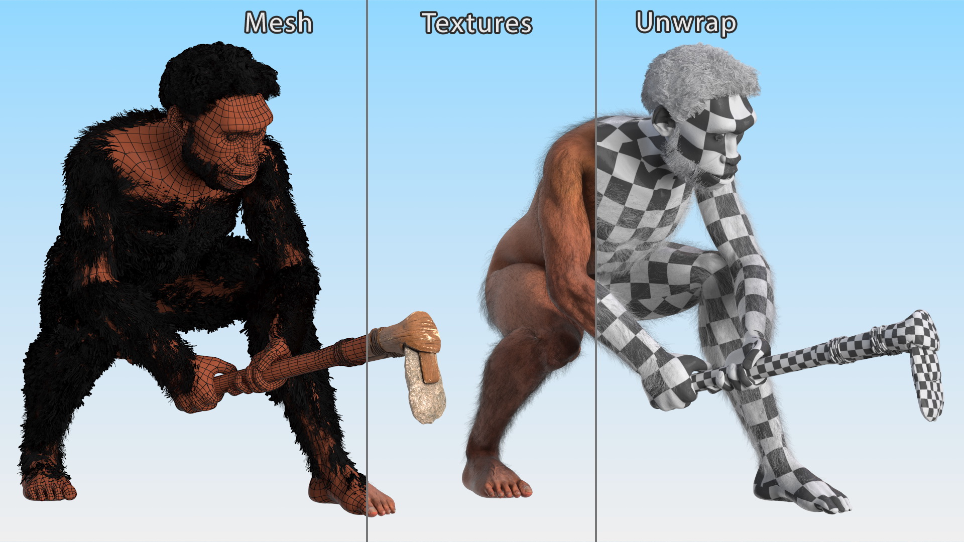 3D model Homo Erectus with a Prehistoric Stone Hoe Fur