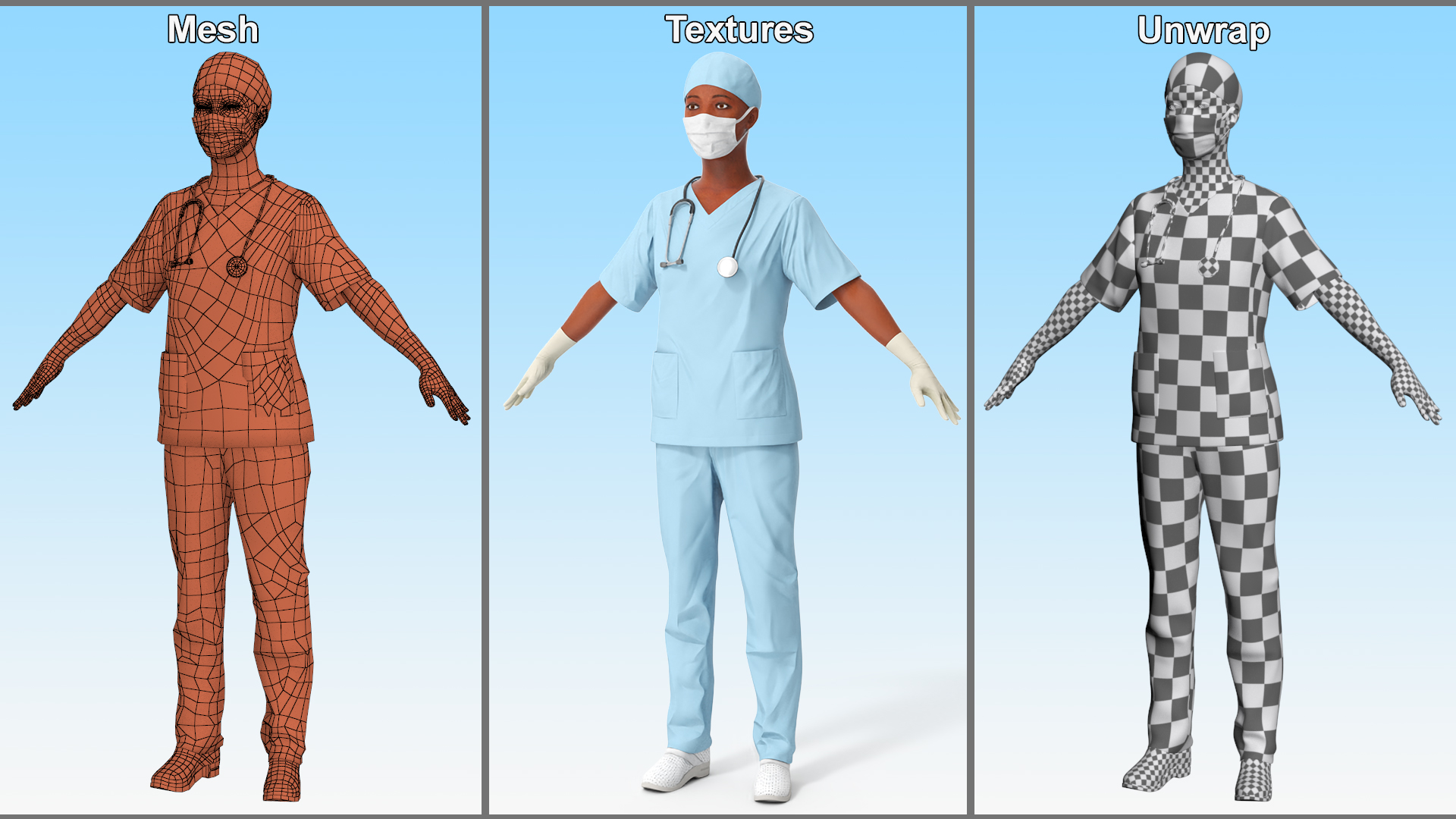3D model Female Nurse with Scrubs and Protective Mask Rigged for Maya