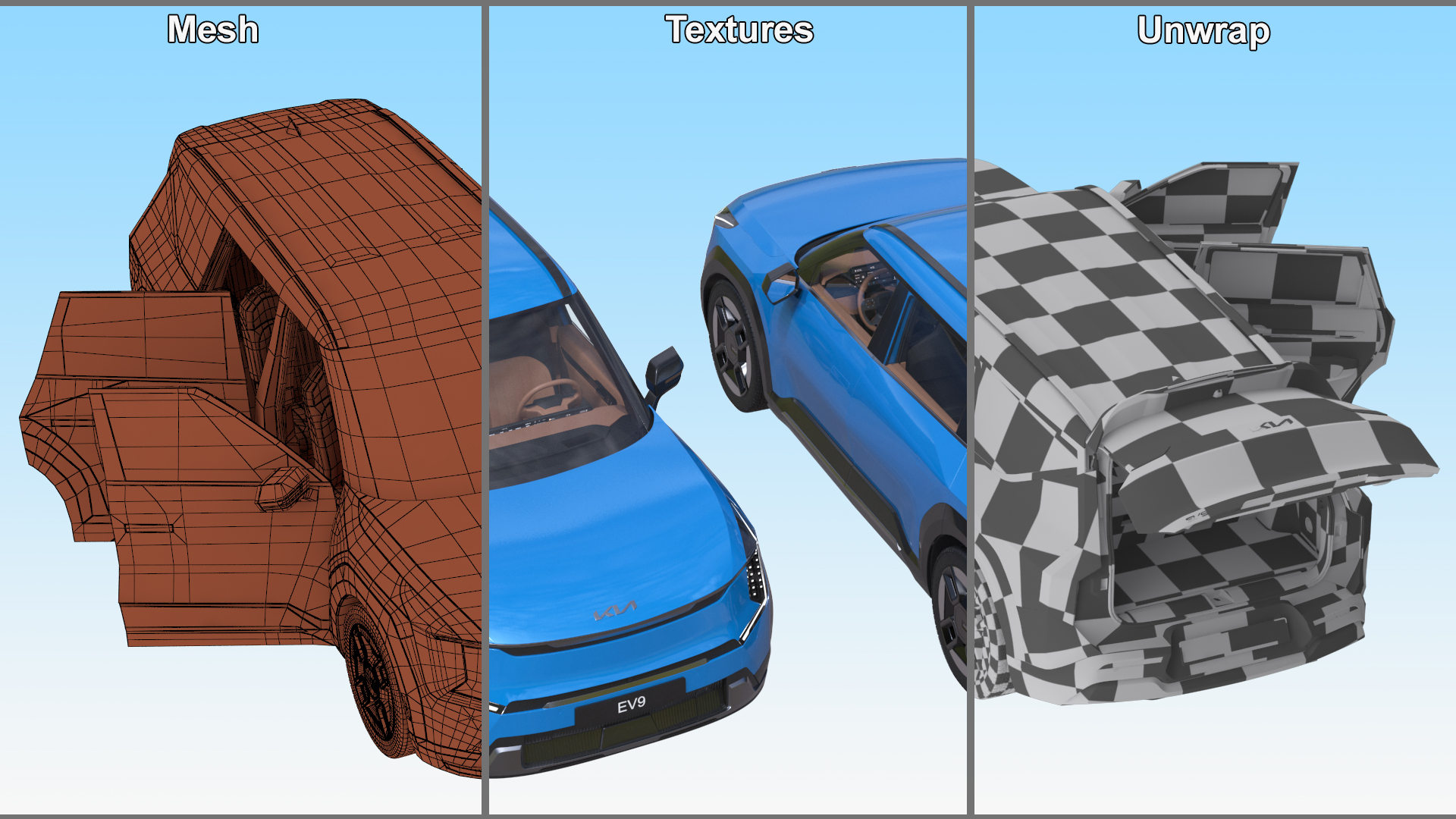 3D KIA EV9 SUV Ocean Blue Simplified model