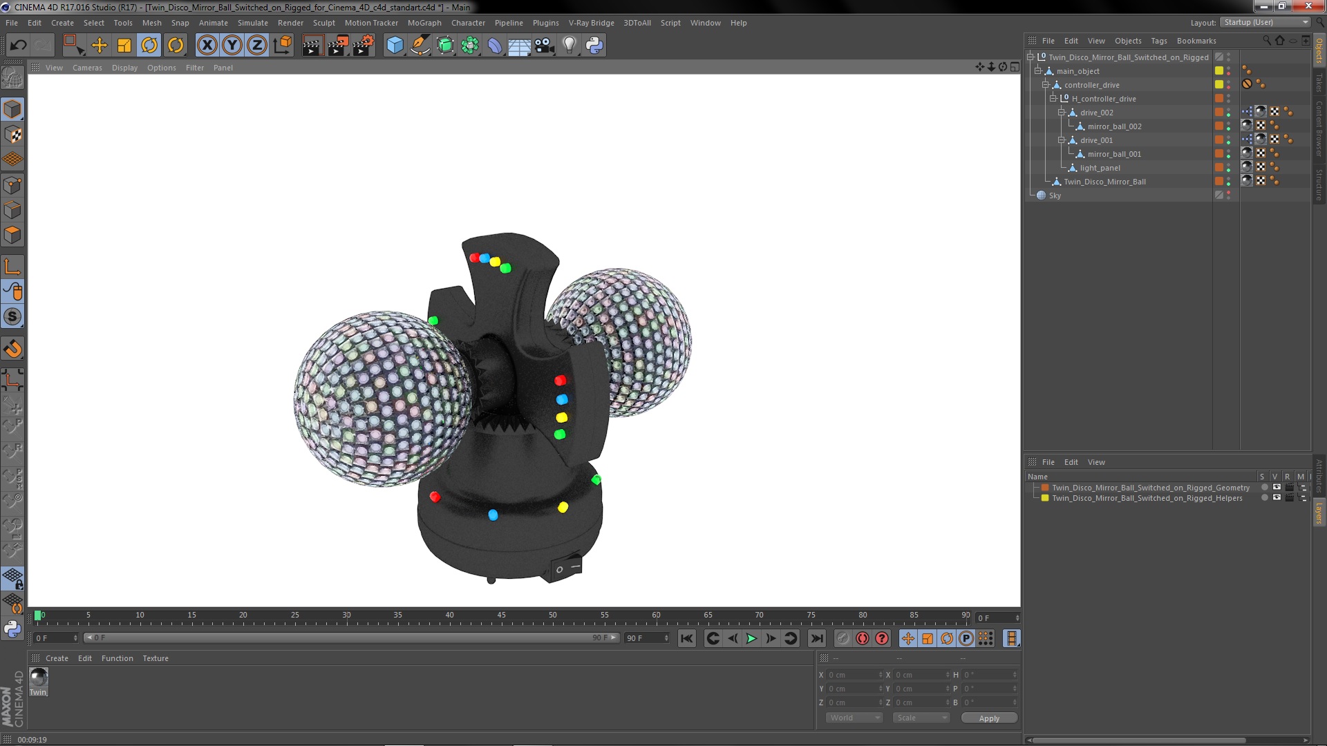 3D model Twin Disco Mirror Ball Switched on Rigged for Cinema 4D
