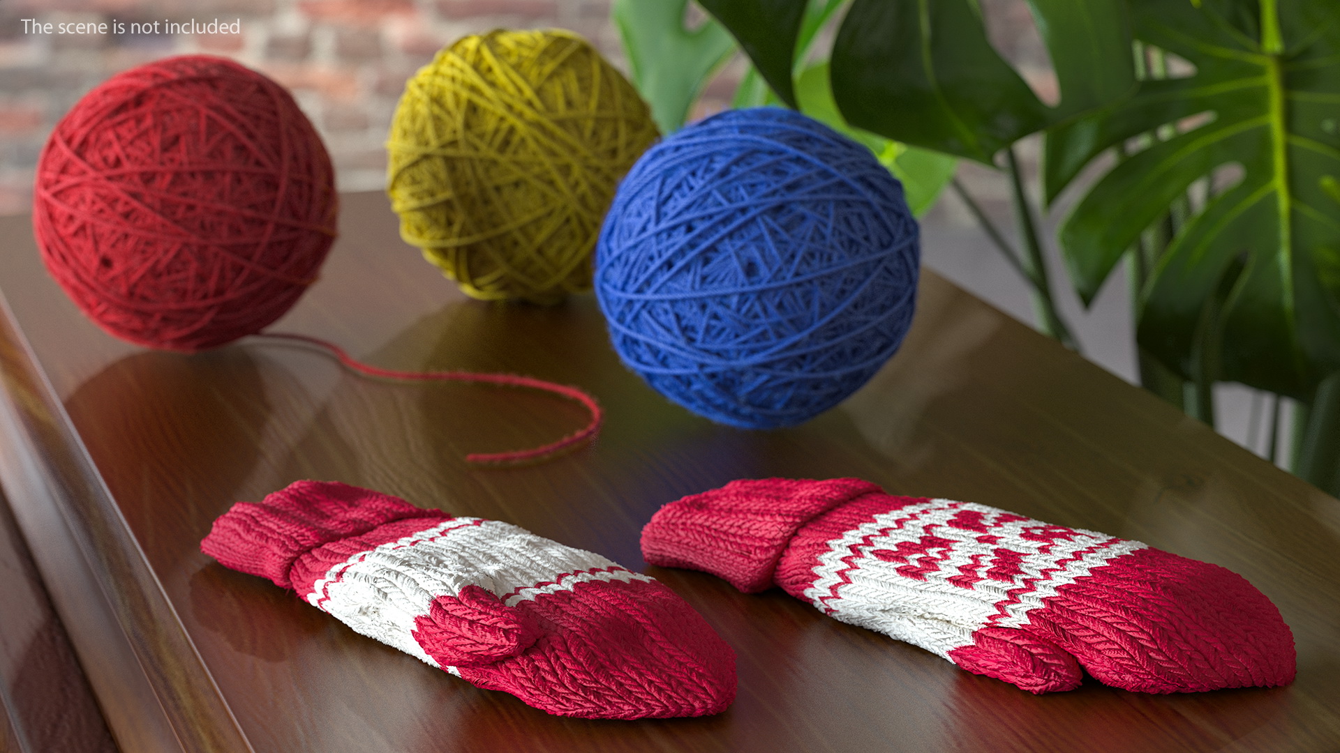 Knitted Red Wool Mittens 3D model