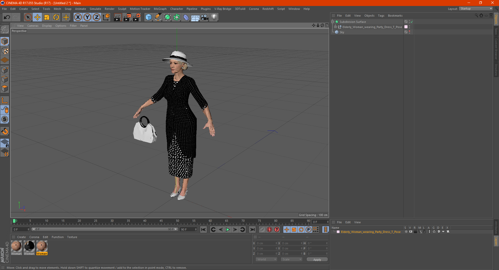 3D model Elderly Woman wearing Party Dress T Pose