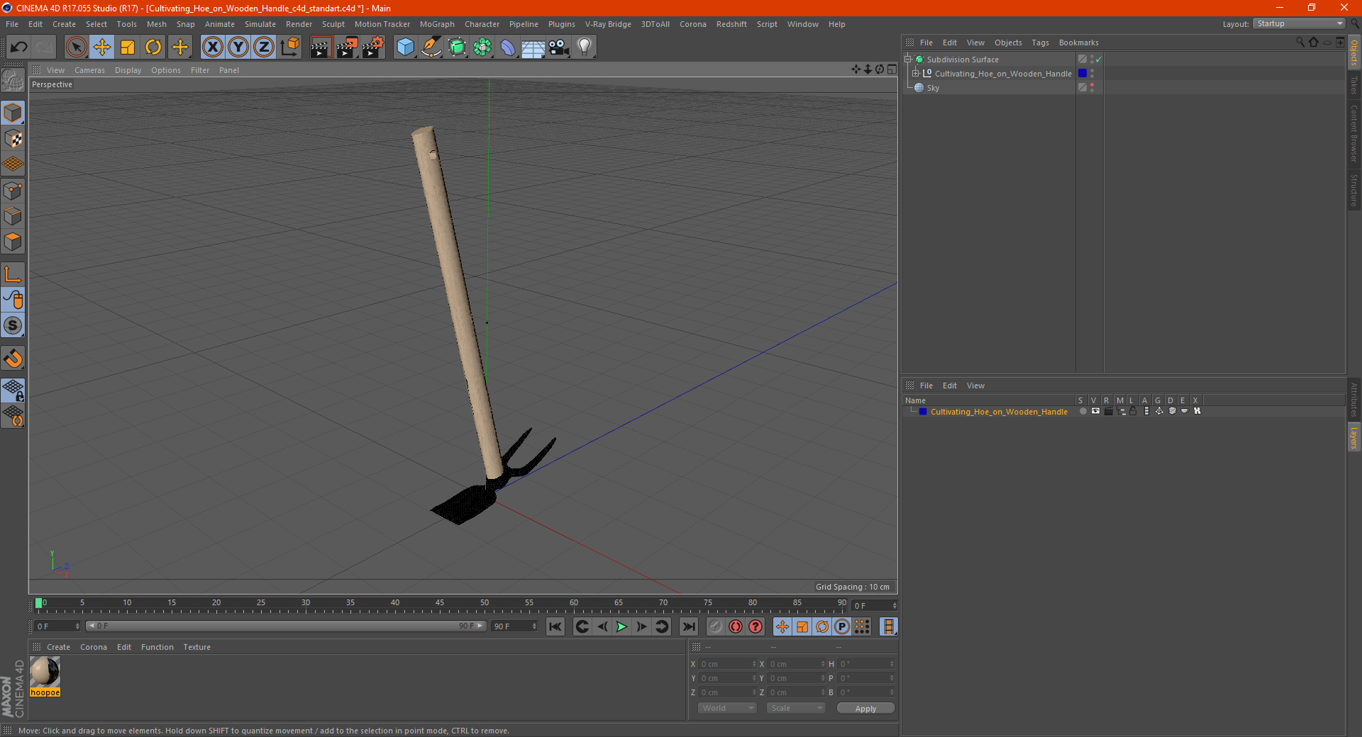 Cultivating Hoe on Wooden Handle 3D