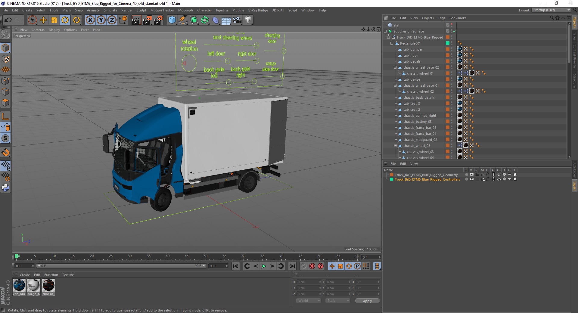 3D model Truck BYD ETM6 Blue Rigged for Cinema 4D