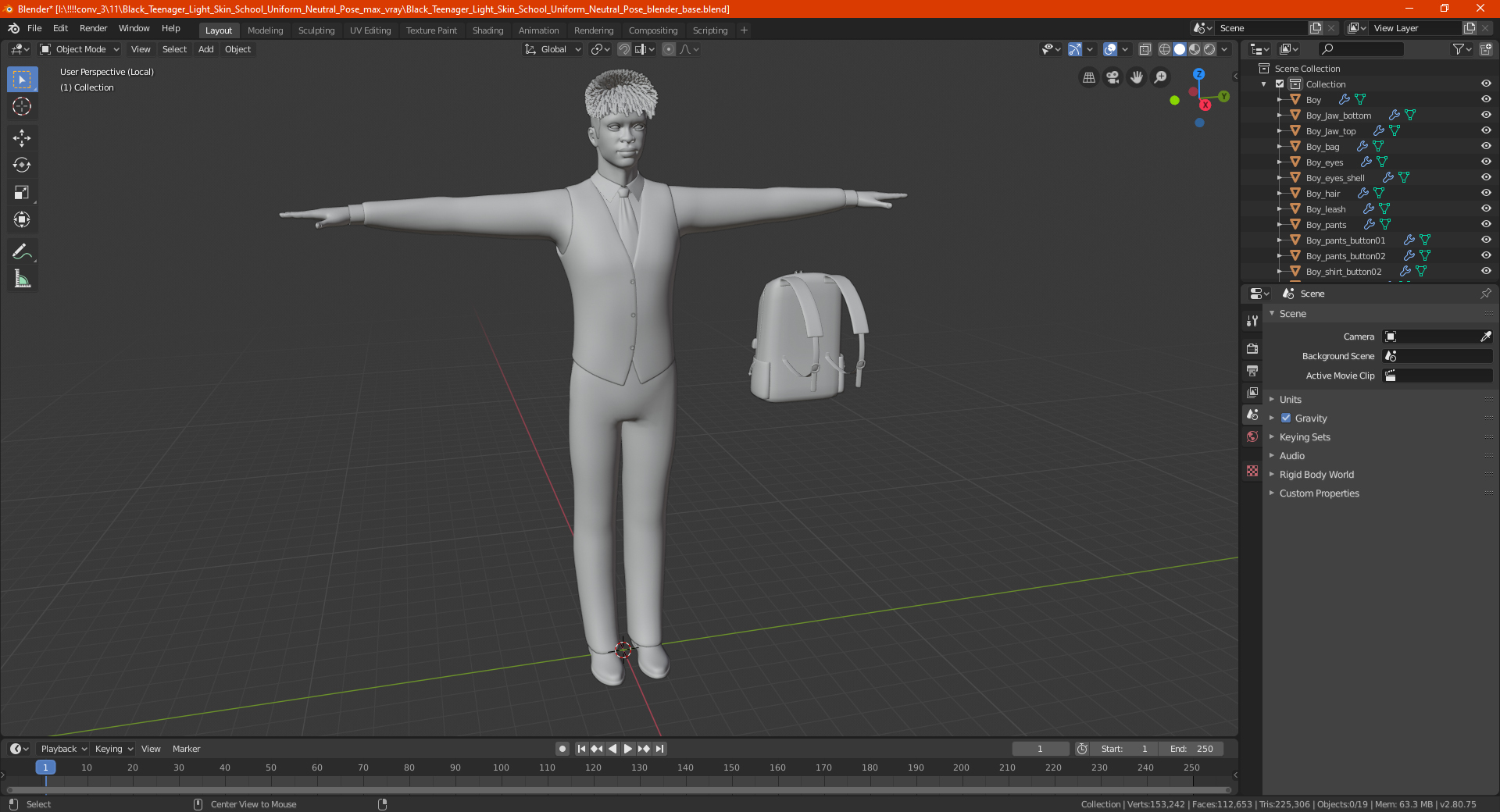 Black Teenager Dark Skin School Uniform Neutral Pose 3D