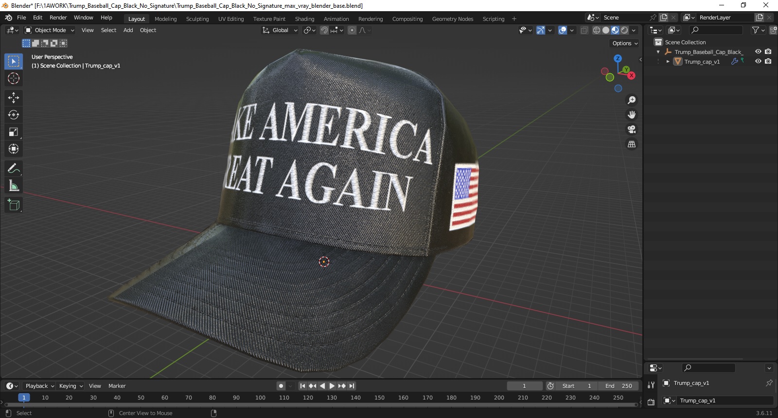 Trump Baseball Cap Black No Signature 3D