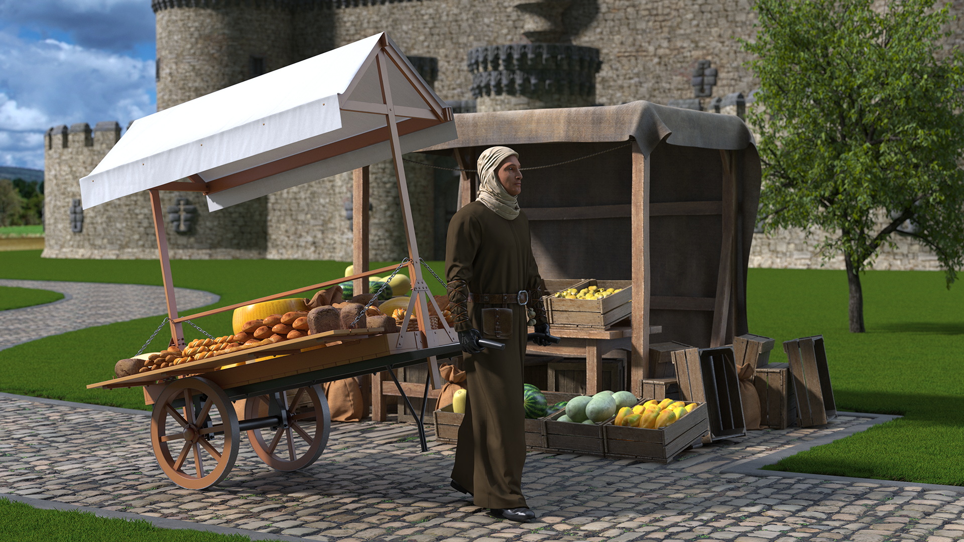 3D model Medieval Trader with Cart