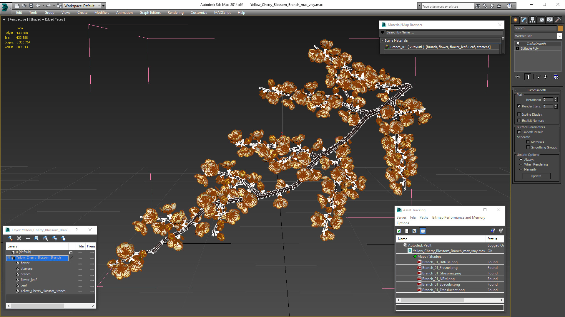 3D Yellow Cherry Blossom Branch model